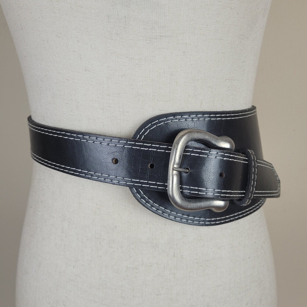 Black Leather Belt Medium Black Leather Contrast Stitch Wide Cinch Equestrian